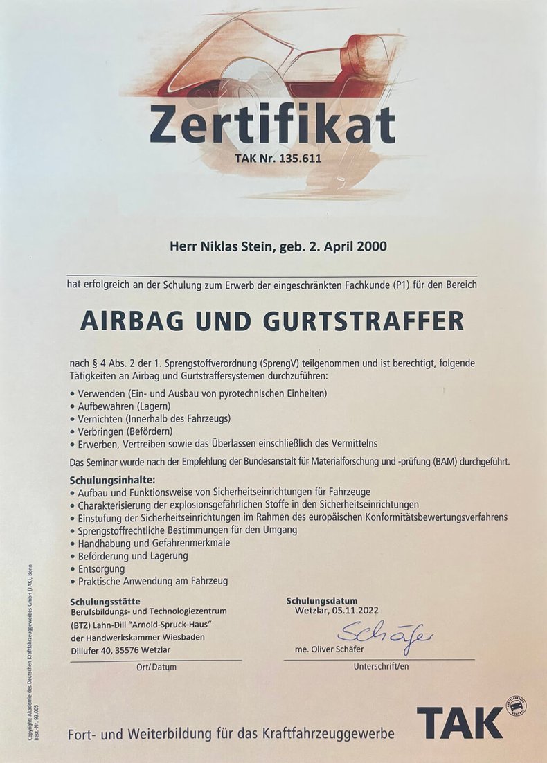 Bild: Zertifikat Niklas Stein