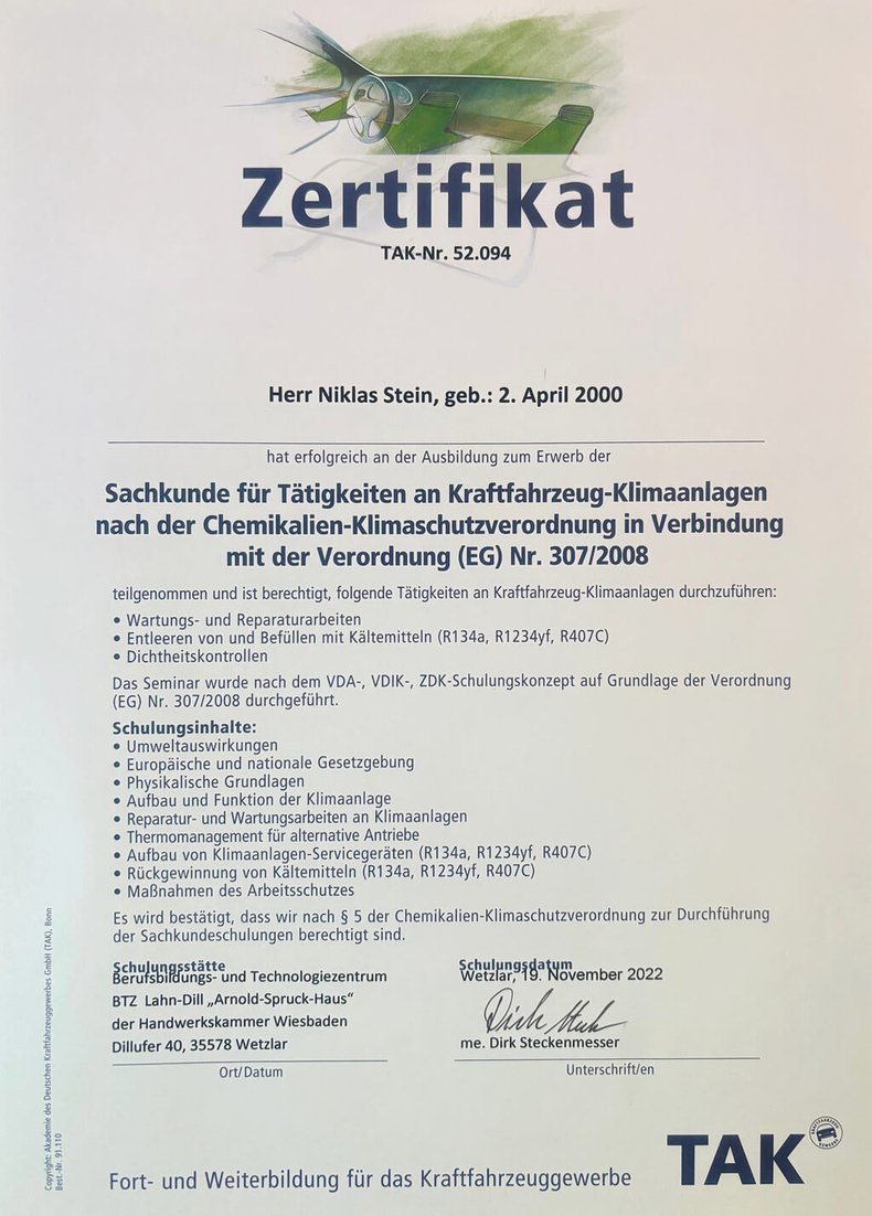 Bild: Zertifikat Niklas Stein